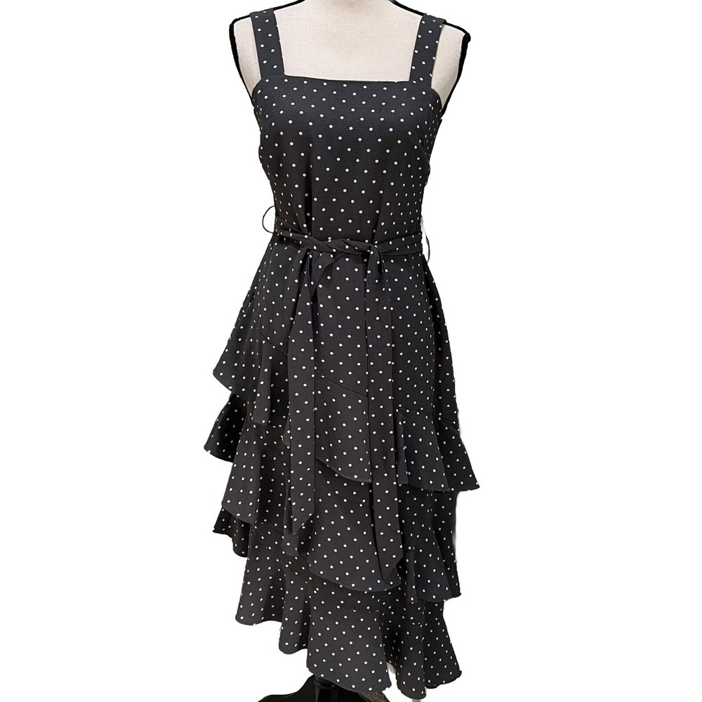 Leith Gray White Polka Dot Tiered Ruffled MIDI Dress Side Slant Hem Women’s Sz S